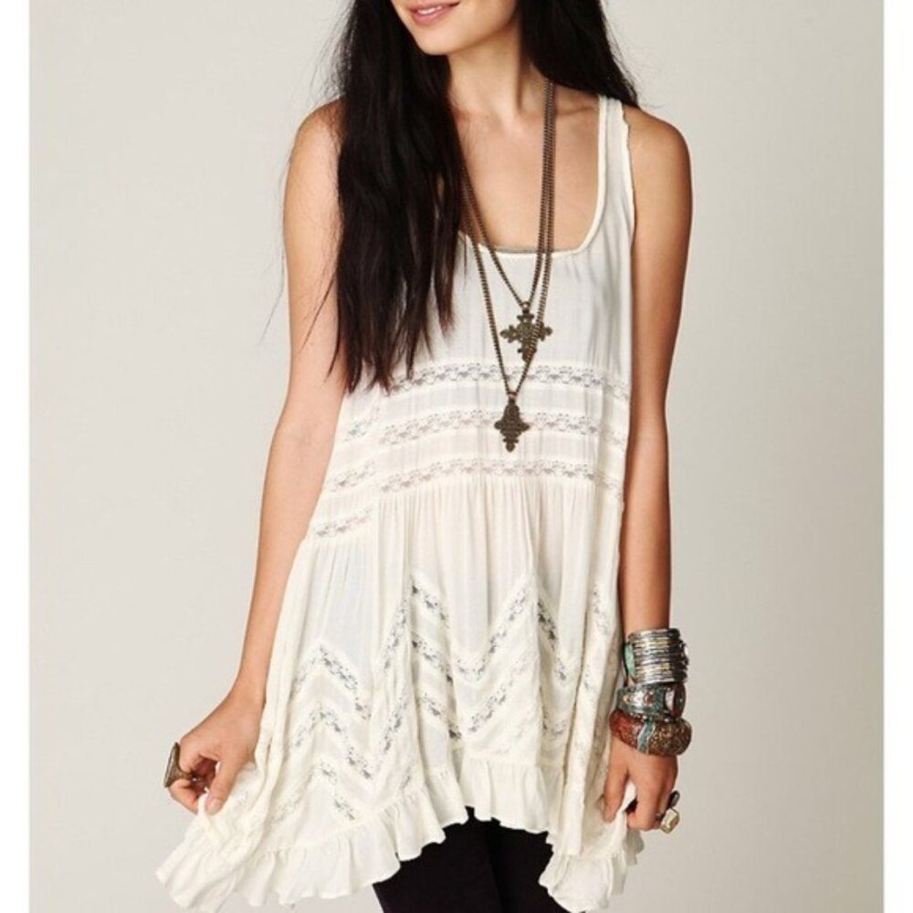 Free People White Voile & Lace Trapeze Slip Dress | Boho Cottagecore Grunge M - Picture 16 of 16